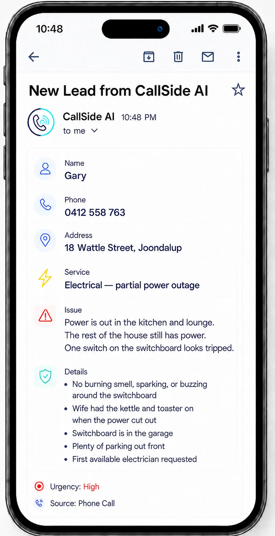 New Lead from CallSide AI. Name: Gary. Phone: 0412 558 763. Address: 18 Wattle Street, Joondalup. Service: Electrical &mdash; partial power outage. Issue: Power is out in the kitchen and lounge. The rest of the house still has power. One switch on the switchboard looks tripped. Details: No burning smell, sparking, or buzzing around the switchboard. Wife had the kettle and toaster on when the power cut out. Switchboard is in the garage. Plenty of parking out front. First available electrician requested. Urgency: High. Source: Phone Call.