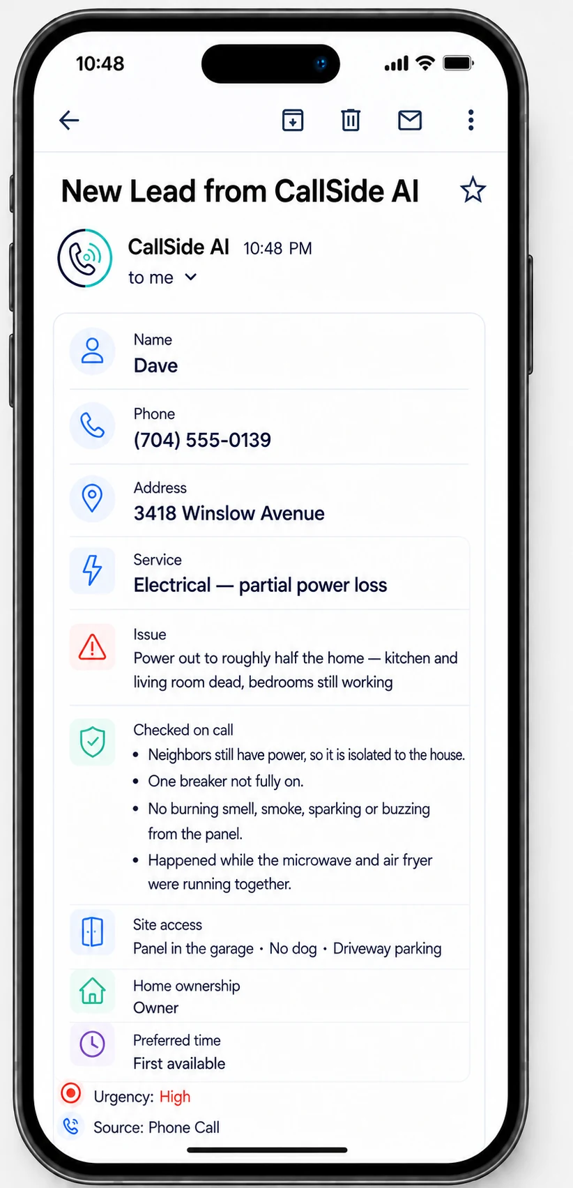 The email a business receives after the call: new lead from CallSide AI. Name Dave, phone (704) 555-0139, address 3418 Winslow Avenue. Service: electrical, partial power loss. Issue: power out to roughly half the home — kitchen and living room dead, bedrooms still working. Checked on call: neighbors still have power, so it is isolated to the house; one breaker not fully on; no burning smell, smoke, sparking or buzzing from the panel; happened while the microwave and air fryer were running together. Site access: panel in the garage, no dog, driveway parking. Home ownership: owner. Preferred time: first available. Urgency high. Source: phone call.