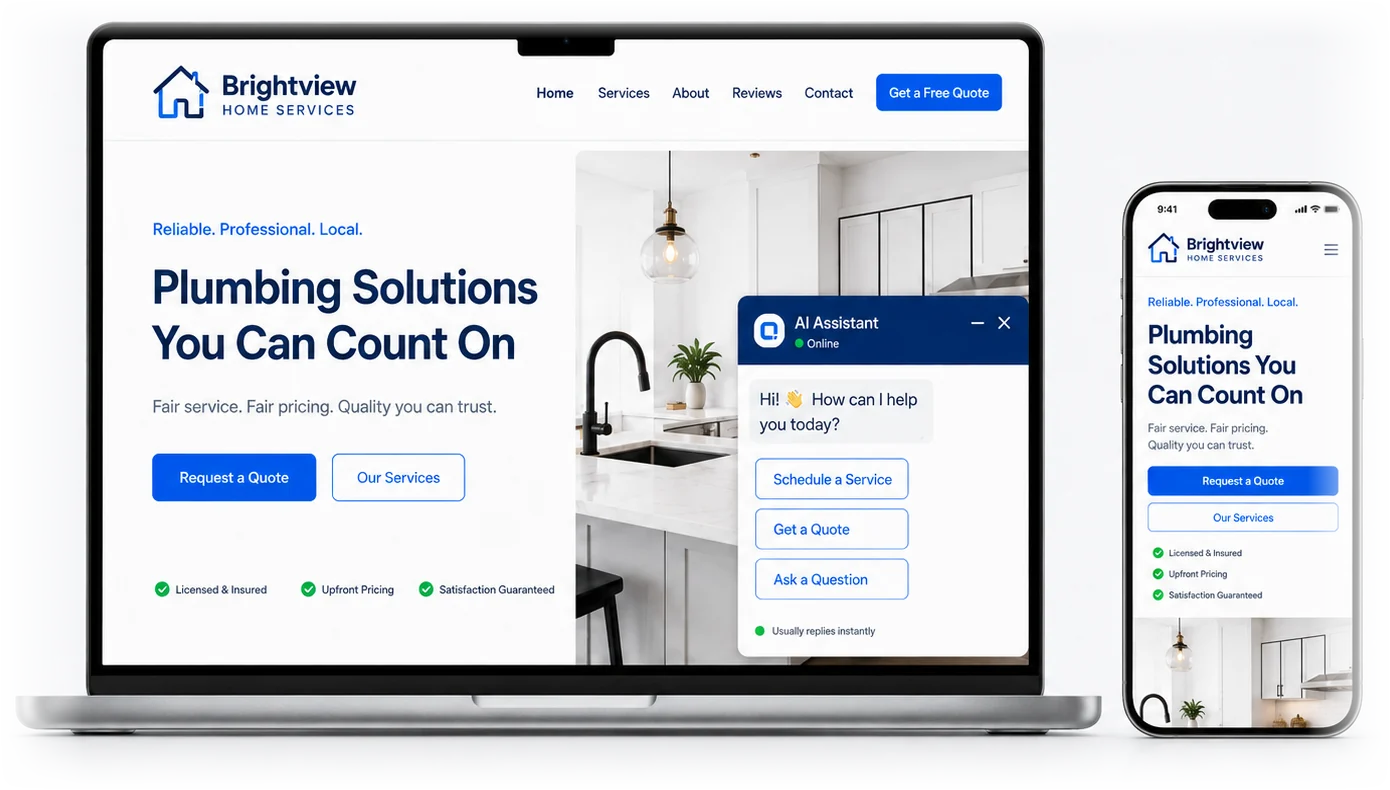 A home-service website built by CallSide AI, shown on a laptop and a phone, with the live AI chat open in the corner offering to schedule a service, get a quote or ask a question.